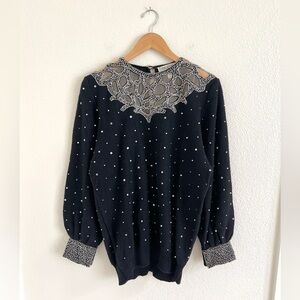 VINTAGE black beaded mesh cut out sheer sequin sweater / size L